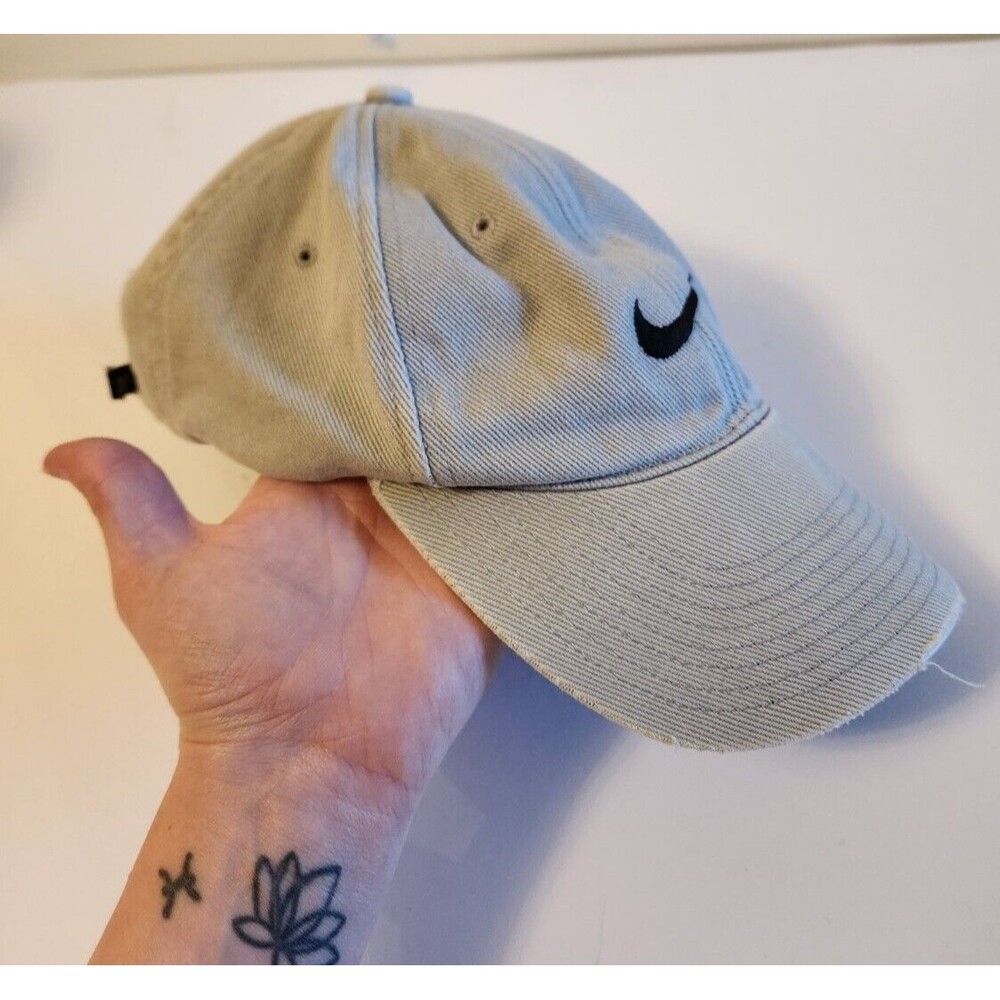 Nike Light Grey Hat Cap Black Embroidered Swoosh Adjustable Hook & Loop Closure